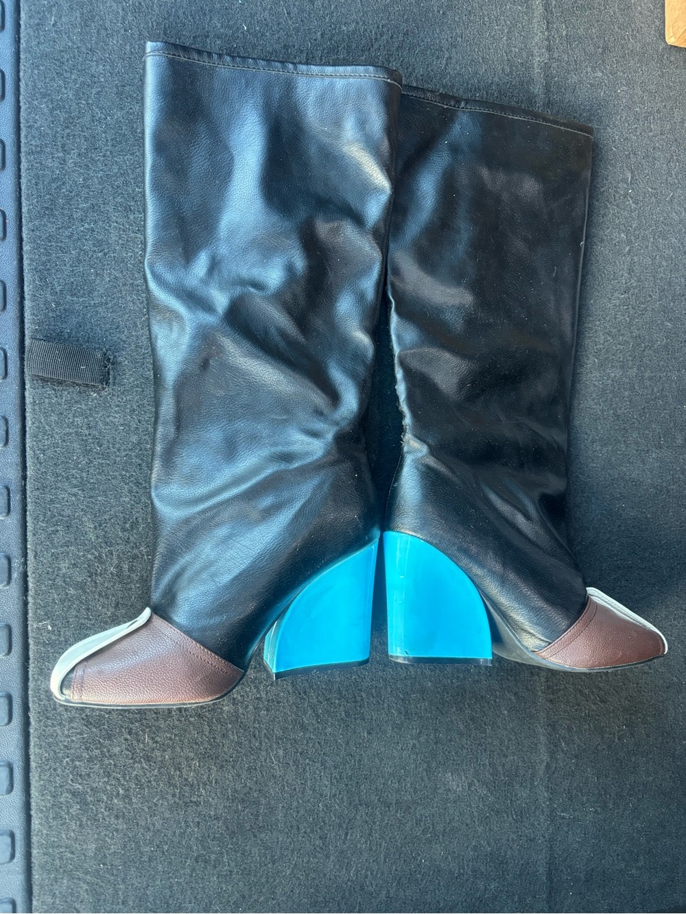 Fashion Nova Black Mid-Calf Boots with Bright Blue Block Heel
